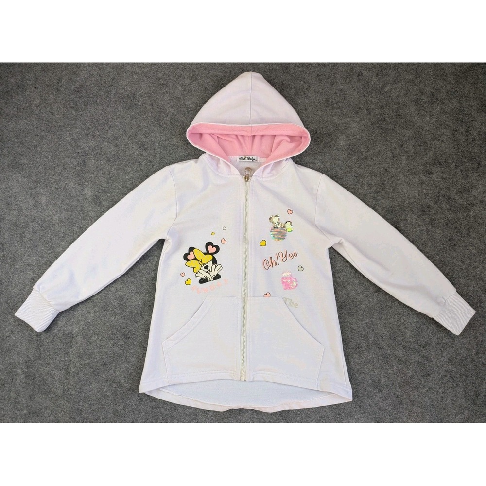Pink Baby Full Zip Up Hooded Sweater Girl's 8A White Cotton Blend